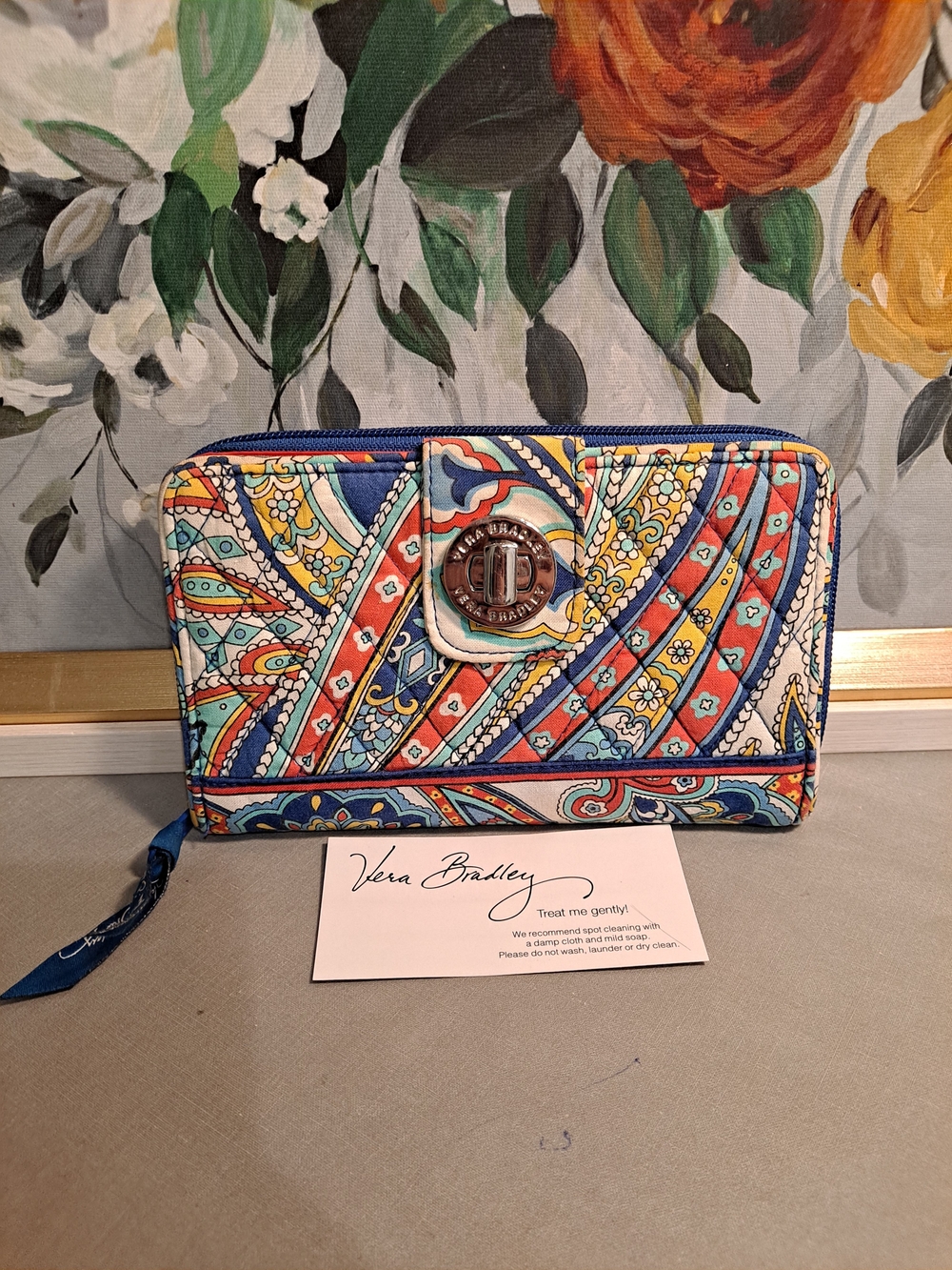 Vera Bradley Marina Paisley Blue Multicolor Zip-Around Turn Lock Quilted Wallet